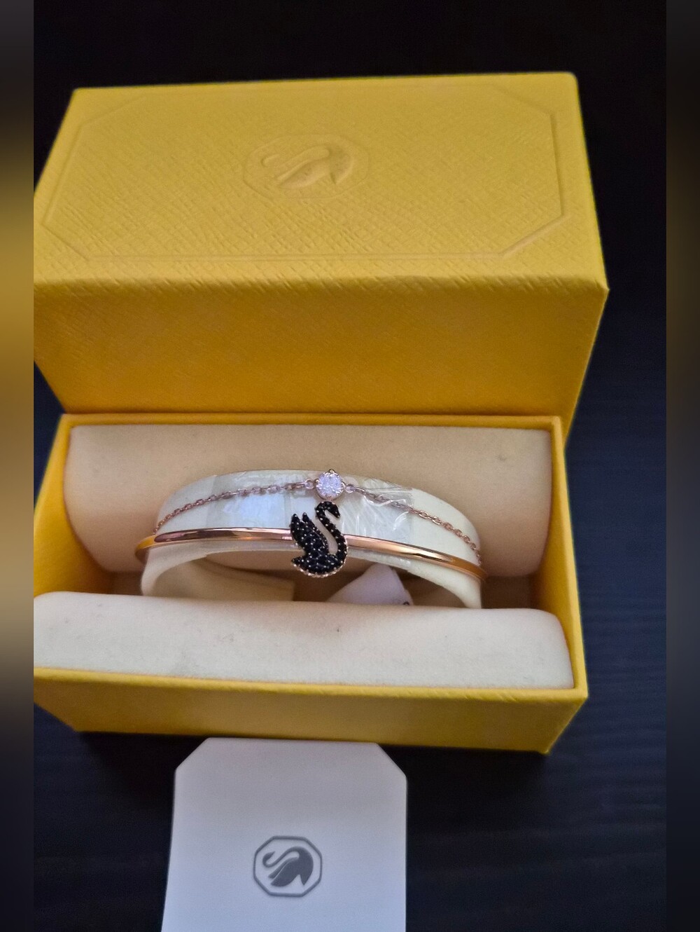Swarovski Rose Gold Swan Bangle with Black Crystal Accents